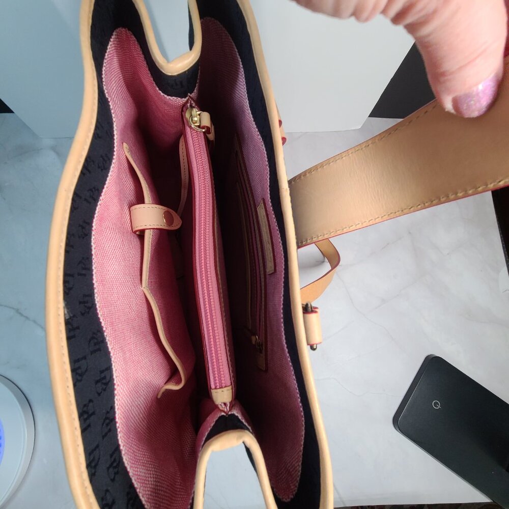 Dooney & Bourke Logo Shoulder Handbag BLACK Canvas Tan Leather Large Tote - Picture 7 of 16